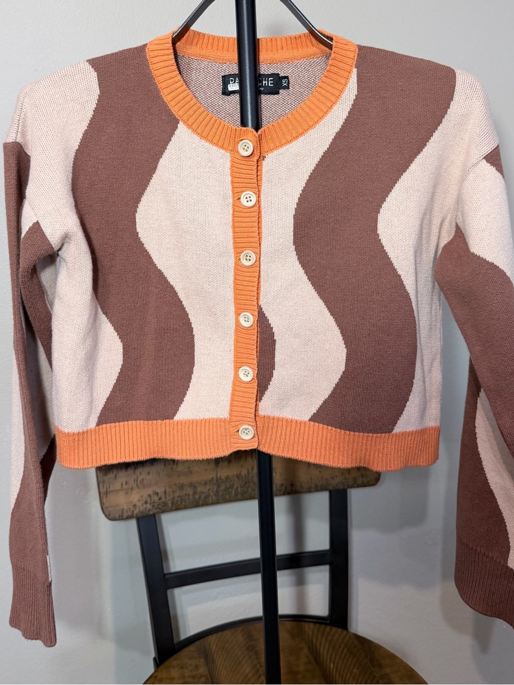 Pastiche Women’s Cardigan Sweater XS Abstract Beige Brown Orange Knit Buttons